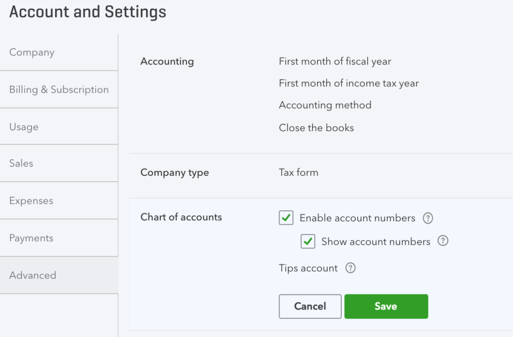 quickbooks chart of accounts template